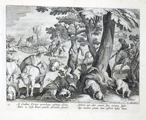 Honden achtervolgen herten op geur, een springt in angst en haakt zijn gewei aan de hoge takken van een boom, illustratie uit 